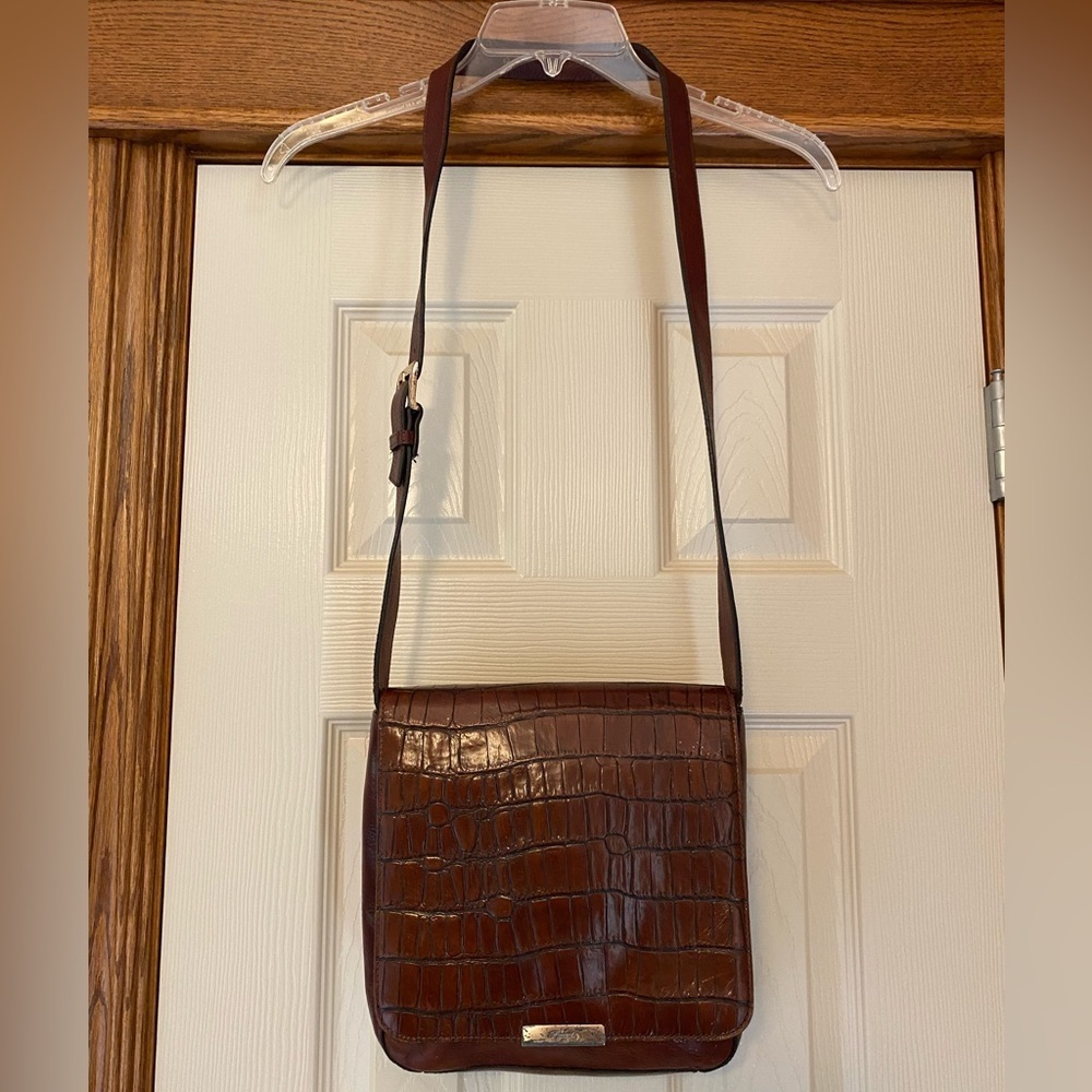 Vtg Fossil Leather Crossbody Bag Embossed Chestnut Leather Bag Adj Strap